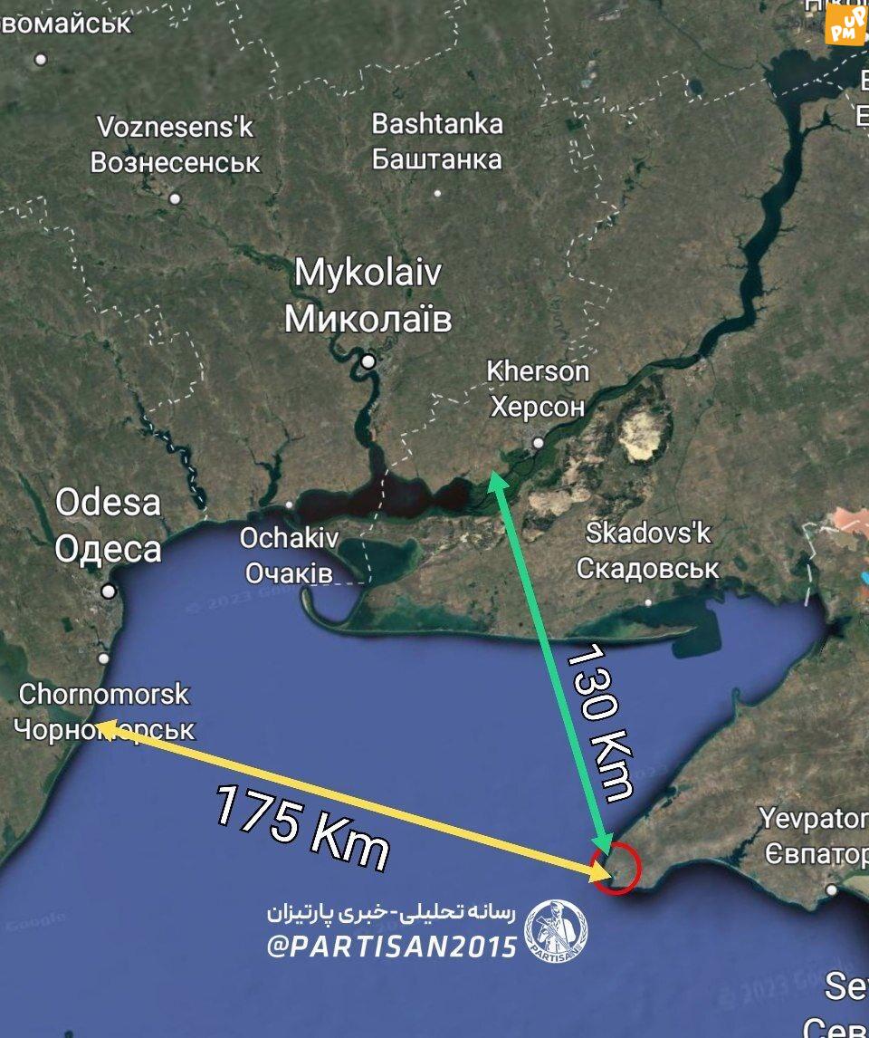 نقشه فاصله پهپاد شناسایی اوکراینی تا هدف نقشه فاصله پهپاد شناسایی اوکراینی تا هدف