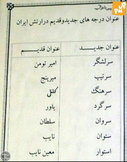 عکس قدیمی از لیست عناوین درجه های قدیم و جدید ارتش ایران!/عکس